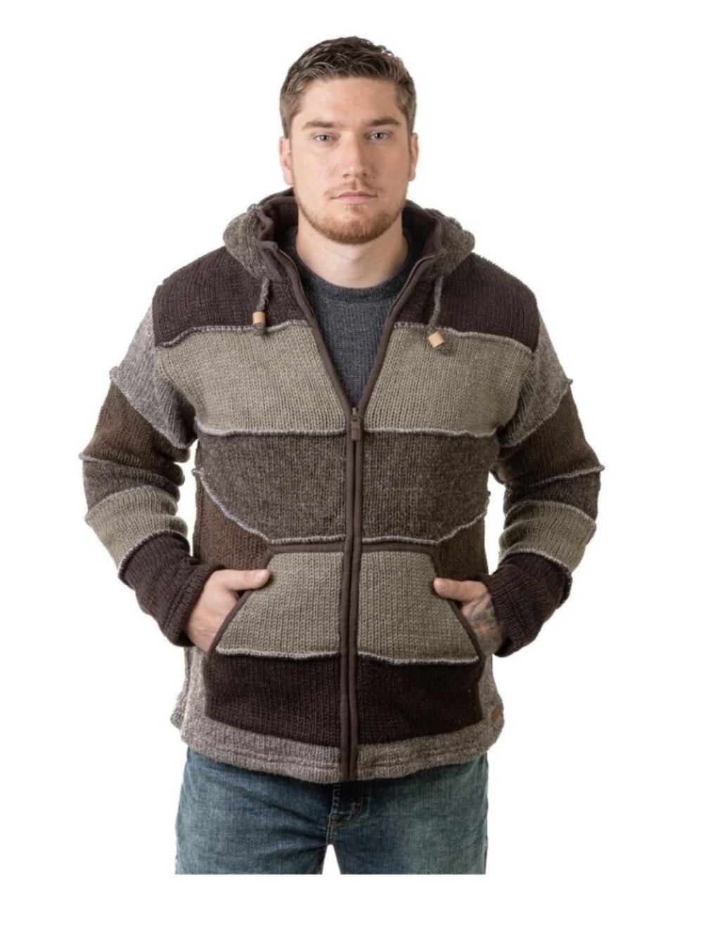 Men's Wool Hooded Patchwork Zip Sweater - Brown & Gray Lost Horizons Sz.M